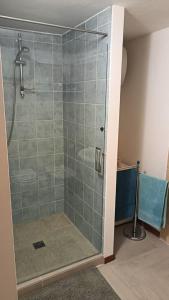 um chuveiro com uma porta de vidro na casa de banho em Casa Mia em Poggio Moiano