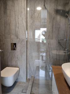 a bathroom with a shower and a toilet and a sink at Ioanna Apartment 2 in Chania Town +12 photos