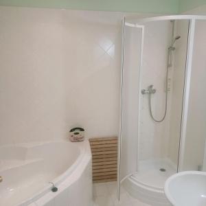 a white bathroom with a bath tub and a sink at Villa Rosenberg in Mariánské Lázně
