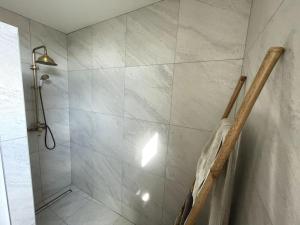 W łazience znajduje się prysznic ze ścianą wyłożoną kafelkami. w obiekcie Joli T4 au coeur de Berck-Plage w mieście Berck-sur-Mer