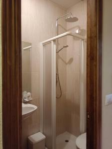 een badkamer met een douche, een toilet en een wastafel bij Hostal Infantes in Toledo