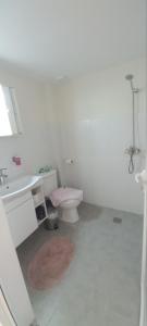uma casa de banho com um WC cor-de-rosa e um lavatório. em Erato Elafonisi em Agios Padeleimon