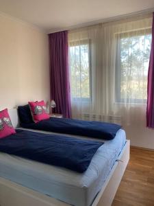 a bedroom with a large bed with blue sheets and pink pillows at Vacation house in Pravets Hyatt Regency golf resort in Pravets