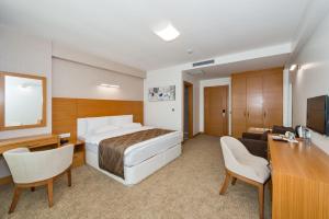 イスタンブールにあるMıen Hotelsのベッドとリビングルームが備わるホテルルームです。