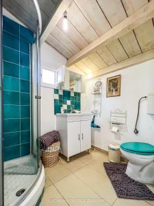 uma casa de banho com um chuveiro e um WC. em Studio 2 δωματίων στο Μεριστό, κοντά στο λιμάνι em Egina
