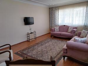 a living room with pink couches and a tv at hilal in Erzurum