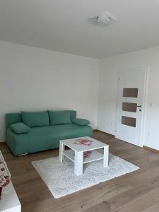 salon z zieloną kanapą i stolikiem kawowym w obiekcie Apartment Una w mieście Kupres