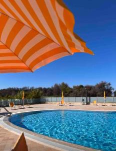 una piscina con sombrilla y sillas y una piscina en Casa vacanze, en Campomarino