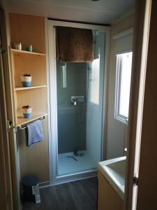 uma casa de banho com um chuveiro e um lavatório. em Vacances en Provence em La Roque-dʼAnthéron
