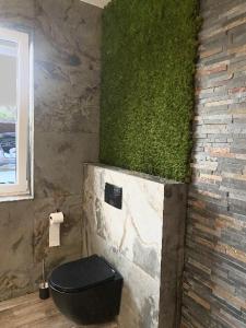 a bathroom with a black toilet and a green wall at Apartamenty na Wzgórzu Boho 1 in Zagnańsk