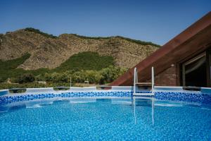a swimming pool with a chair in front of a mountain at Chateau Gremisio in Kvareli