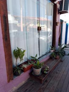 a balcony with potted plants on a wooden porch at Loft Térreo no Centro in Búzios
