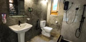 a bathroom with a sink and a toilet and a shower at Rain Forest Star in Deniyaya
