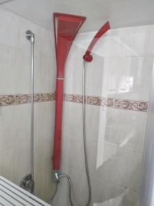una ducha con cabezal de ducha rojo en la pared en Parve, en Bat Yam