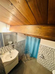 ein Badezimmer mit einem Waschbecken und einem blauen Duschvorhang in der Unterkunft San Nicolò Holiday Home in Montalbano Elicona