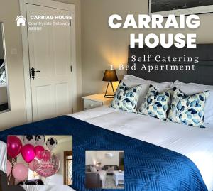 una camera da letto con un letto con un piumone blu e palloncini di Carraig House a Cavan