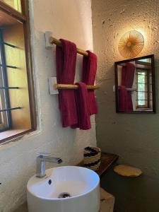 uma casa de banho com um lavatório e um espelho em Mabamba Lodge em Wakiso