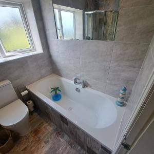 a bathroom with a white tub and a toilet at Oakworth in Oakworth