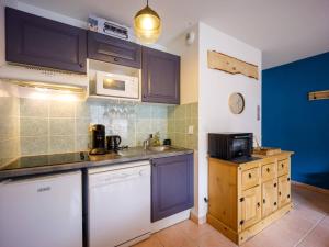 ルダンヴィエルにあるLoudenvielle : Appartement cosy pour 4 pers. avec terrasse et local à vélos - FR-1-695-23のキッチン(紫色のキャビネット、シンク、電子レンジ付)