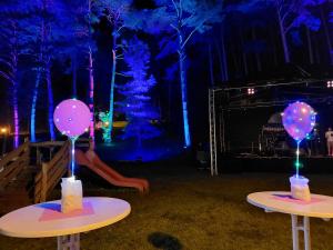 two tables in front of a stage with purple lights at Ferienwohnung am Brombachsee bei Juliane und Klaus in Ramsberg