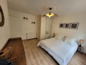 um quarto com uma cama branca e um candeeiro em Sublime T3 em Saint-Dizier