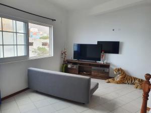 - un salon avec un canapé et un tigre sur le sol dans l'établissement Seaview Apartment, à Tarrafal