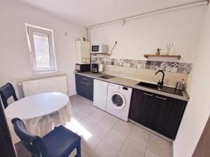a kitchen with a sink and a washing machine at Marcos Apartments - self check-in in Reşiţa