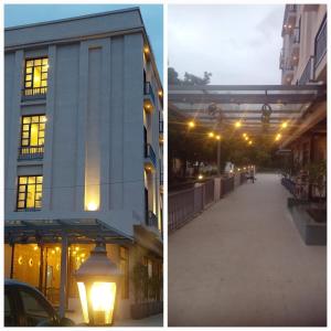 two pictures of a building and a street at night at SAI CELEBRATIONS INN SHIRDI in Shirdi