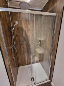 y baño con ducha y puerta de cristal. en The Apartment at Old Pier House, en Fort Augustus