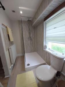 uma casa de banho com um WC branco e um chuveiro em Idyllic cottage in peaceful rural location em Helensburgh