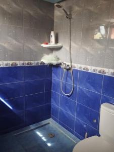 a blue tiled bathroom with a shower and a toilet at La Novia Marrakech in Tahannout