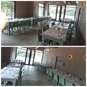 two pictures of a dining room with tables and chairs at SAI CELEBRATIONS INN SHIRDI in Shirdi