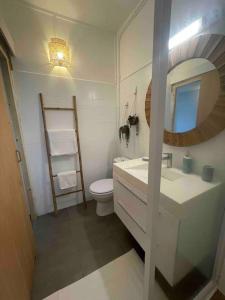 La salle de bains est pourvue de toilettes, d'un lavabo et d'un miroir. dans l'établissement La p’tite barque Antillaise, à Deshaies