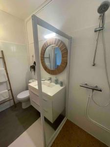 a bathroom with a sink and a mirror and a toilet at La p’tite barque Antillaise in Deshaies