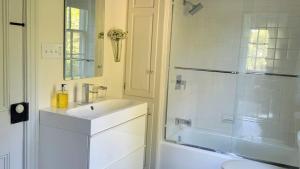 y baño blanco con lavabo y ducha. en Pinetown Bridge Bnb LLC, 