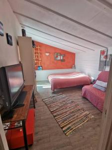 sala de estar con cama y TV en Entre Ventoux et Luberon, appartement dans maison. en Malemort-du-Comtat