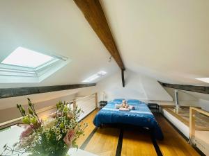 Le Cocon Parisien في باريس: غرفة نوم في العلية مع سرير ونور