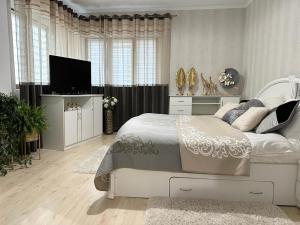 a bedroom with a bed and a flat screen tv at Flamingo House in Reghin