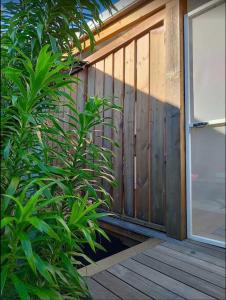 une terrasse couverte en bois avec une porte en bois et quelques plantes dans l'établissement Bungalow les Songes, à L'Étang-Salé