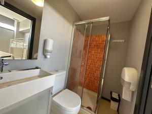 a bathroom with a shower and a toilet and a sink at Vigo Beds & Rooms in Vigo