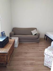 een woonkamer met een bank en een houten vloer bij APPARTAMENTO CASAPIAVE: Comodo nido fronte Piave in Falzè di Piave