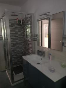 een badkamer met een wastafel en een douche met een spiegel bij La casa dei ricordi in Acqualagna