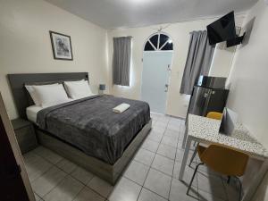 The Village Inn في كارولينا: غرفة نوم بسرير وطاولة ومكتب