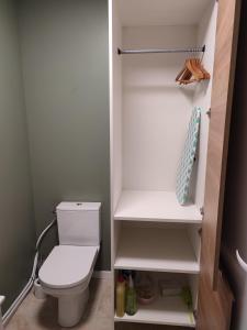 Elle comprend une petite salle de bains pourvue de toilettes et d'étagères. dans l'établissement Studio J, à Oyonnax