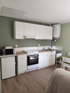 瓦永納克斯的住宿－Studio J，厨房配有白色橱柜和炉灶烤箱。
