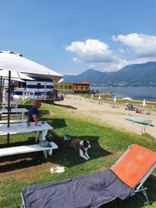 a man sitting at a picnic table with a dog at Casa-Shila in Luino