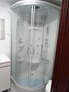 eine Dusche mit Glastür im Bad in der Unterkunft O cantinho da Laura in Lamego