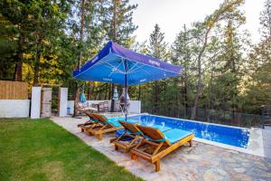 einen Pool mit 2 Stühlen und einem blauen Sonnenschirm in der Unterkunft Kidrak Hotel in Faralya