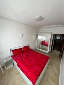 a bedroom with a large bed with red pillows and a mirror at apartment on the beach in El Harhoura