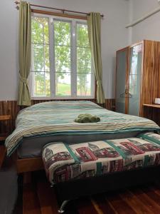 a bed in a bedroom with a large window at One&only homestay in Khao Kho